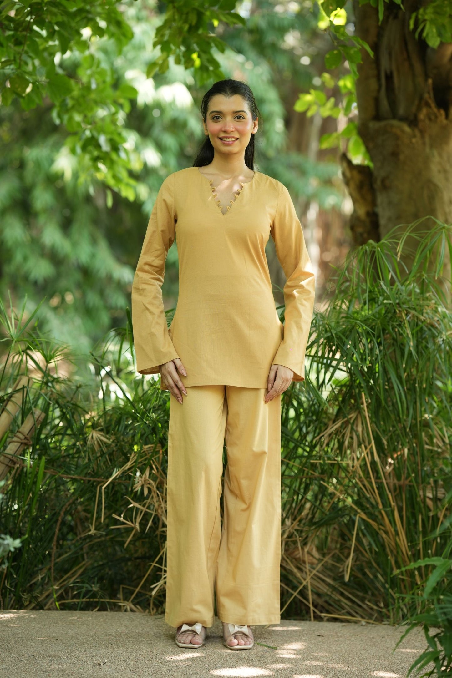 Yellow Solid V-Neck Kurti with Cotton Pants