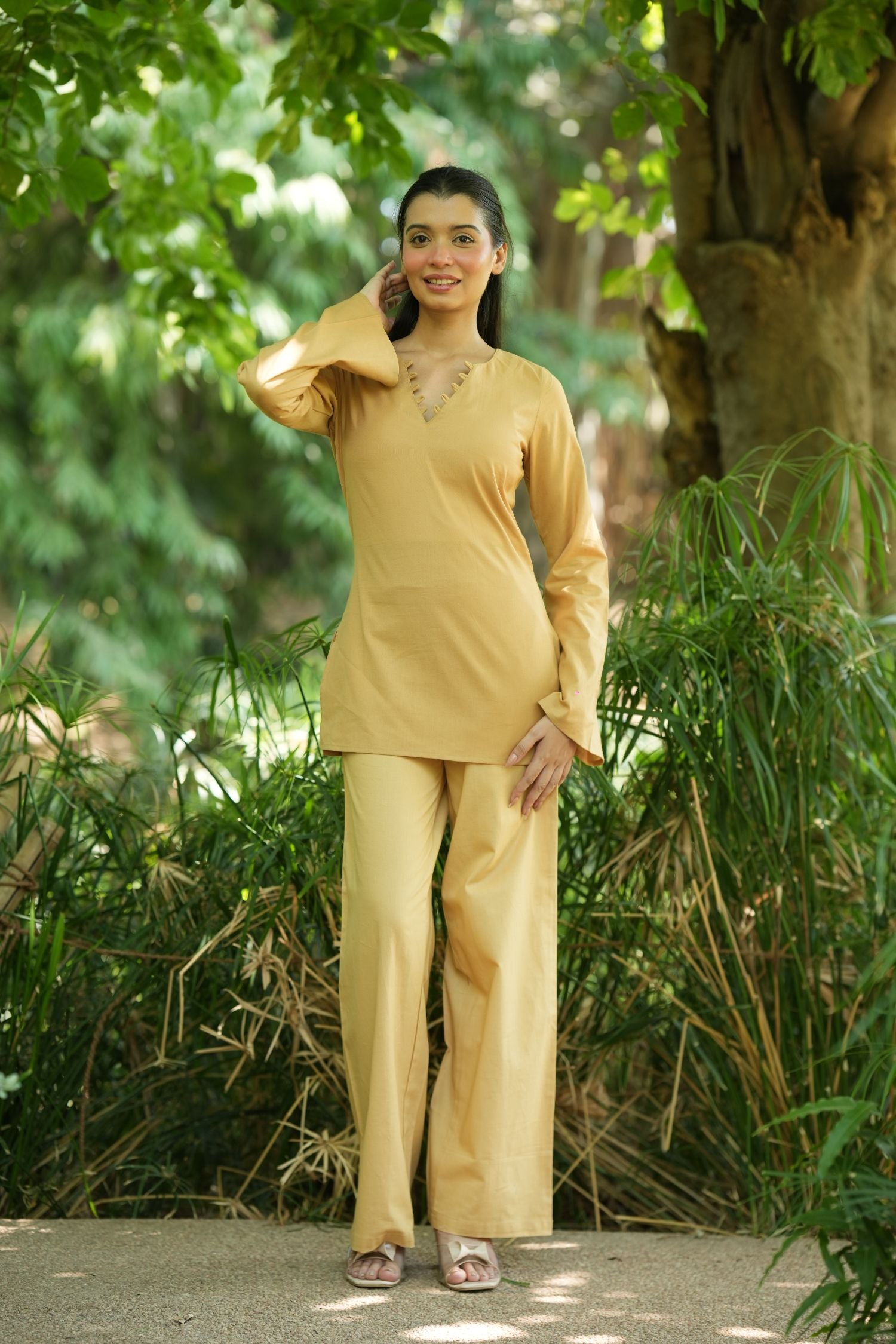 Yellow Solid V-Neck Kurti with Cotton Pants
