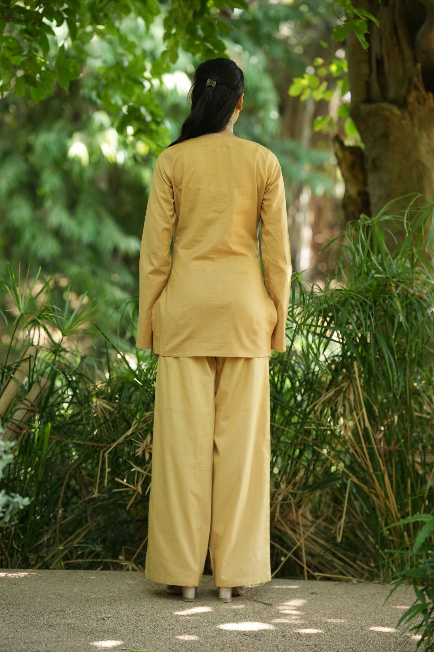 Yellow Solid V-Neck Kurti with Cotton Pants