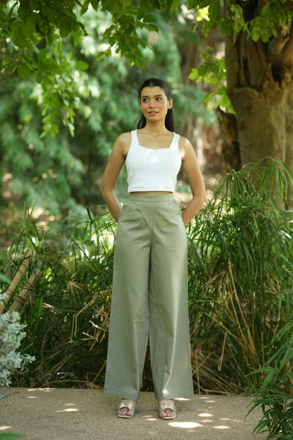 Olive Grey Handloom Cotton Wide Leg Pants