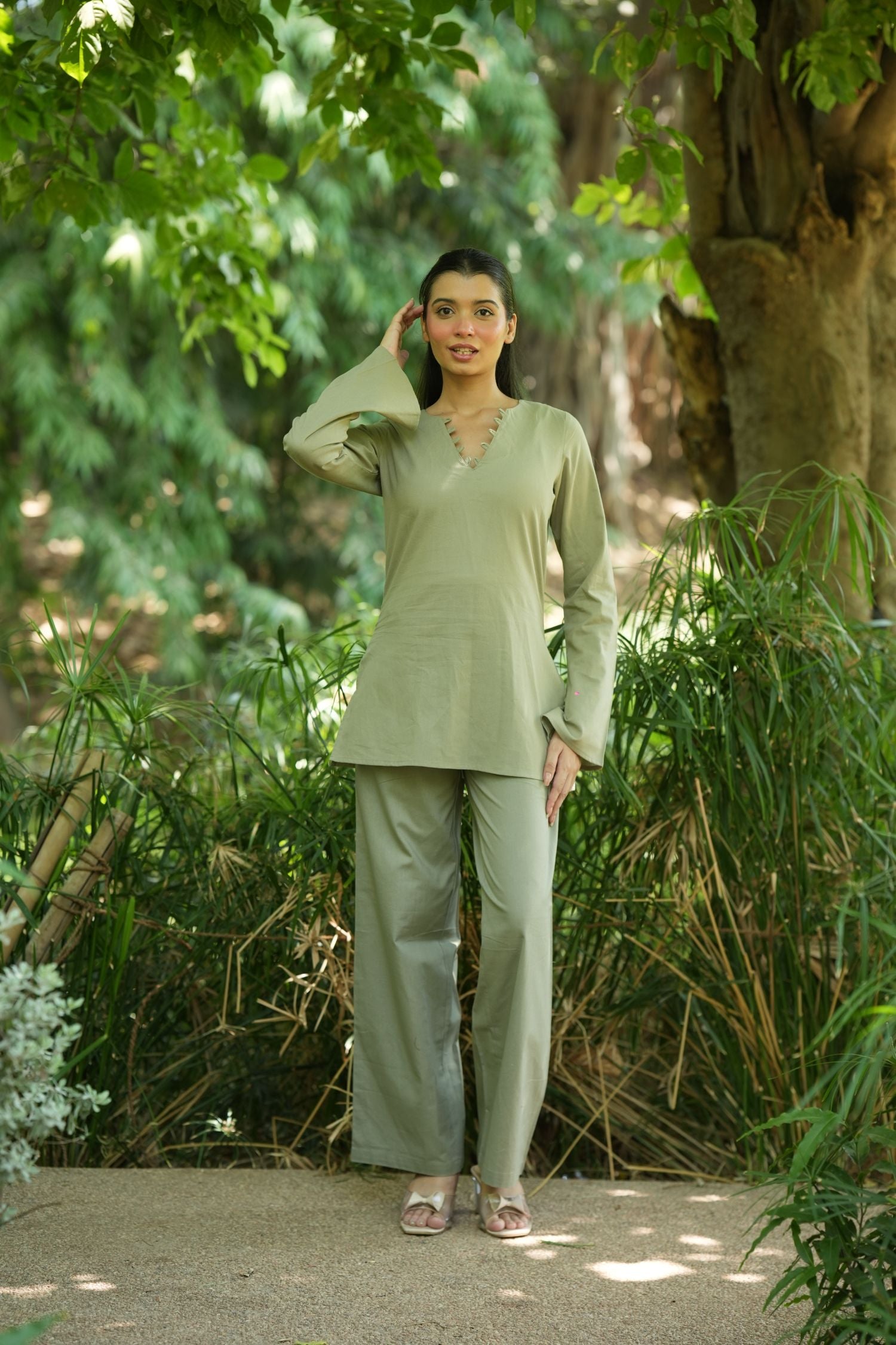 Olive Grey Solid V-Neck Kurti with Cotton Pants