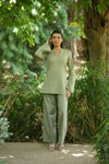 Olive Grey Solid V-Neck Kurti with Cotton Pants