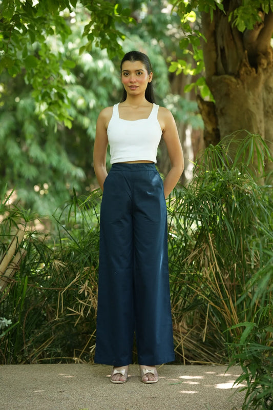 Teal Blue Handloom Cotton Wide Leg Pants
