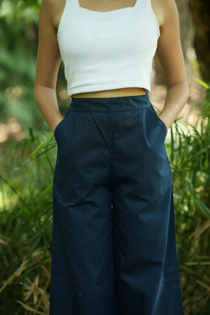 Teal Blue Handloom Cotton Wide Leg Pants