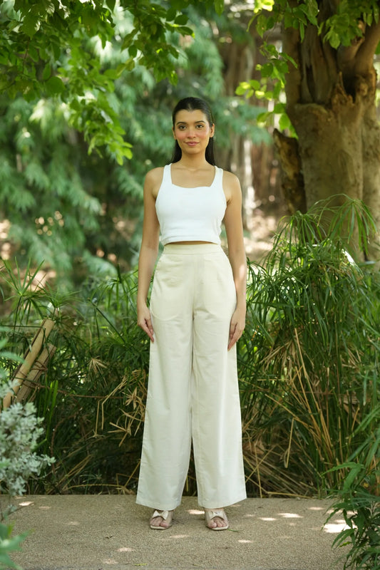 Cream Handloom Cotton Wide Leg Pants
