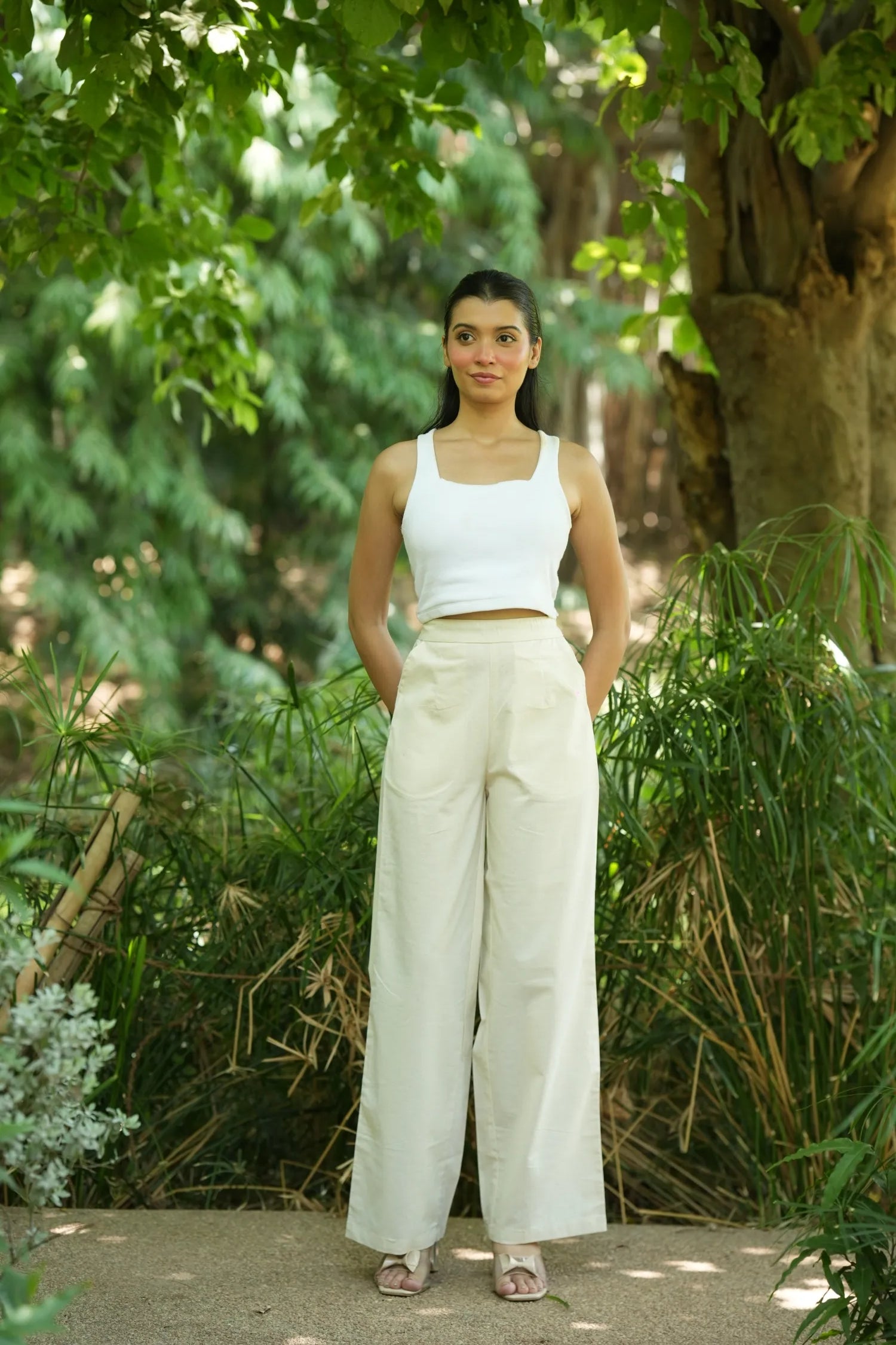 Cream Handloom Cotton Wide Leg Pants
