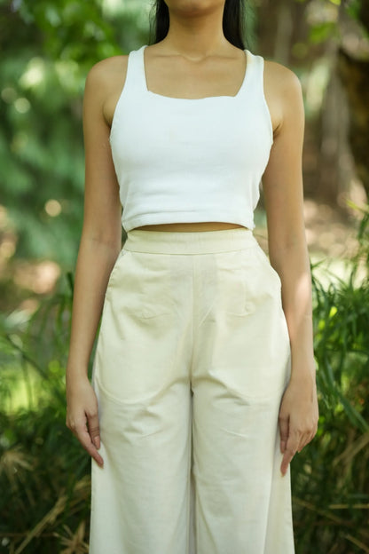Cream Handloom Cotton Wide Leg Pants