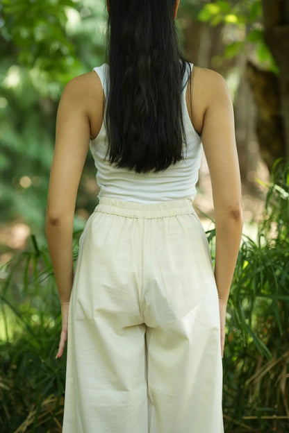 Cream Handloom Cotton Wide Leg Pants