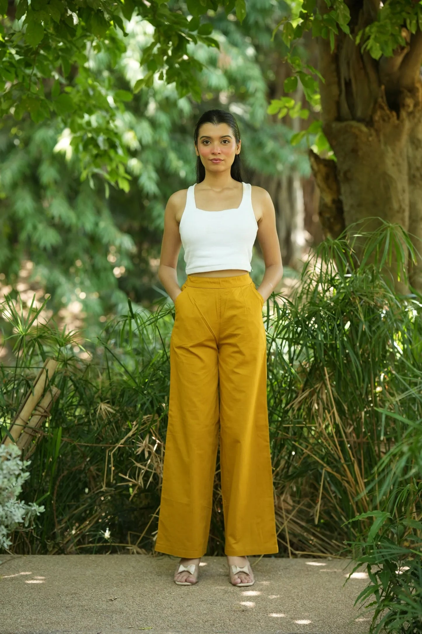 Mustard Handloom Cotton Wide Leg Pants