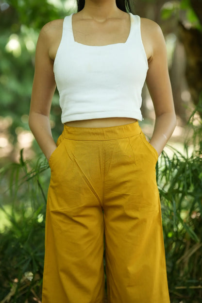 Mustard Handloom Cotton Wide Leg Pants