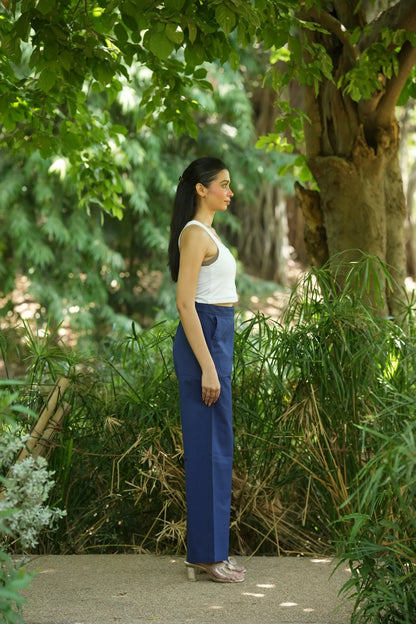 Blue Handloom Cotton Wide Leg Pants