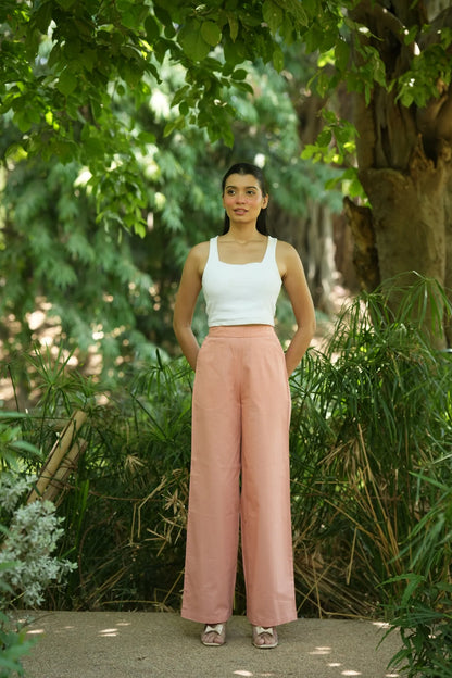 Peach Handloom Cotton Wide Leg Pants