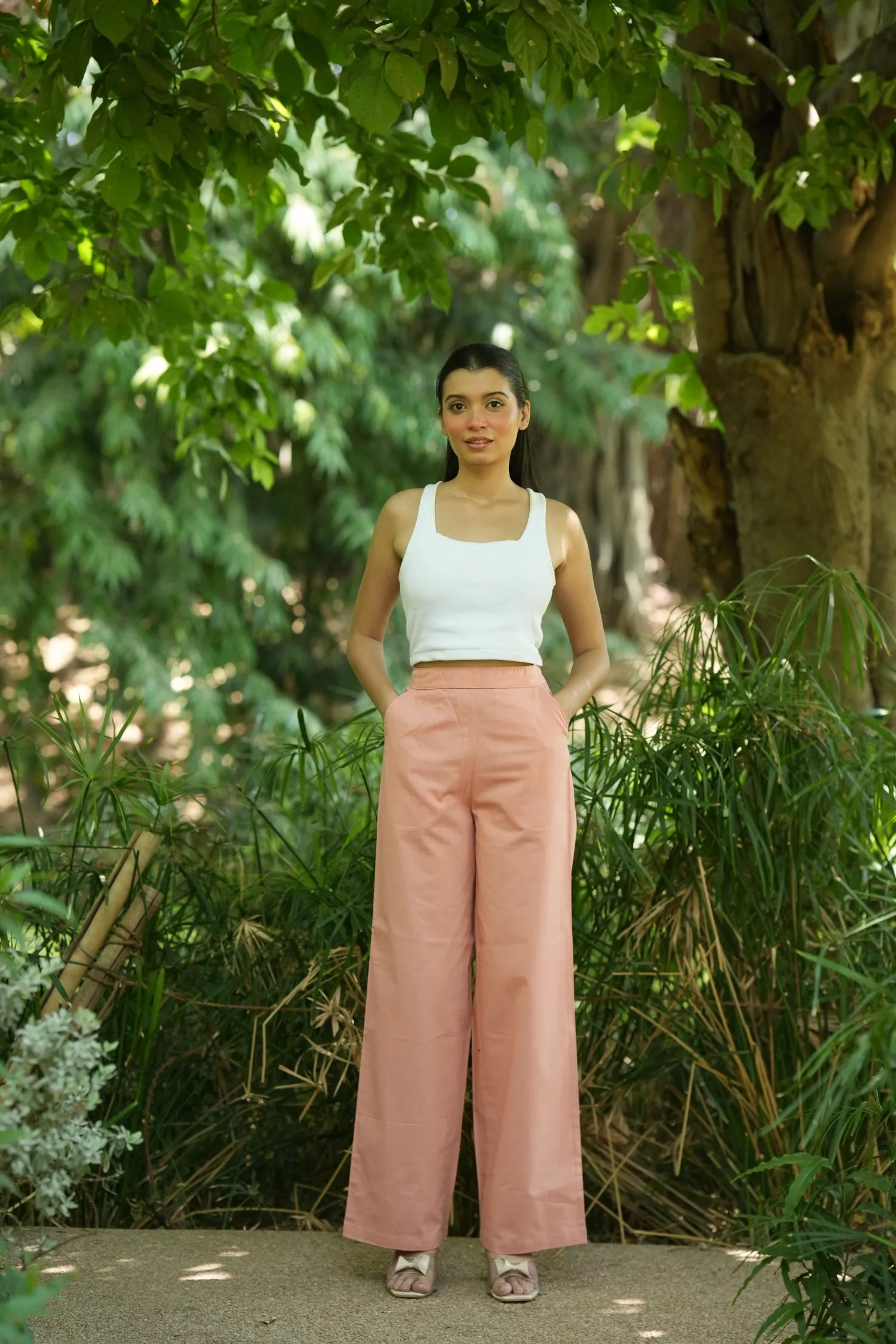 Peach Handloom Cotton Wide Leg Pants
