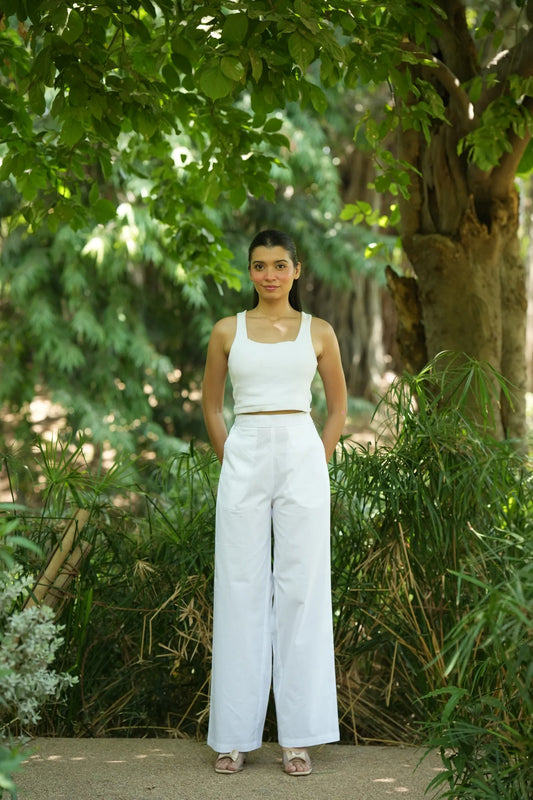 White Handloom Cotton Wide Leg Pants