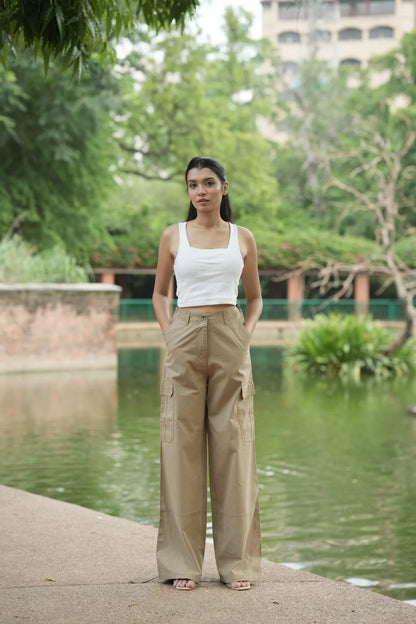 Brown Wide-Leg Cargo Pants with Back Belt