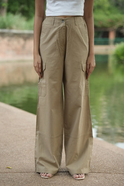 Brown Wide-Leg Cargo Pants with Back Belt