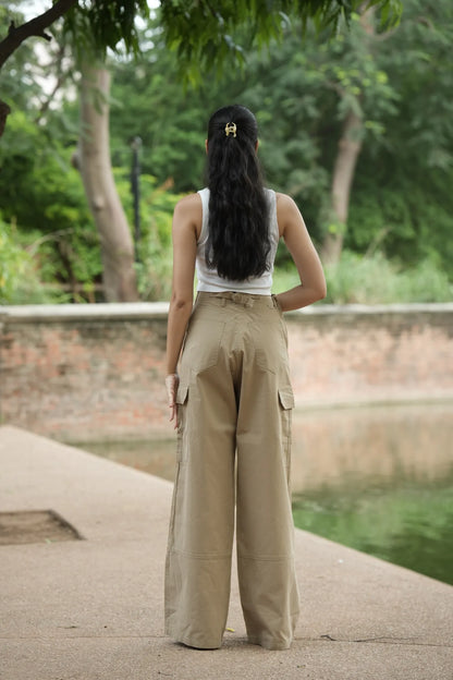 Brown Wide-Leg Cargo Pants with Back Belt