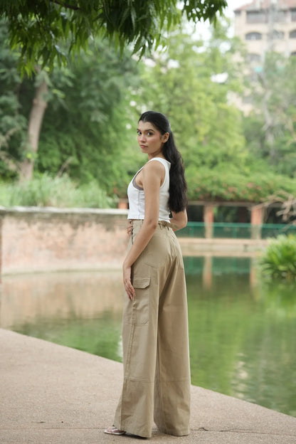 Brown Wide-Leg Cargo Pants with Back Belt