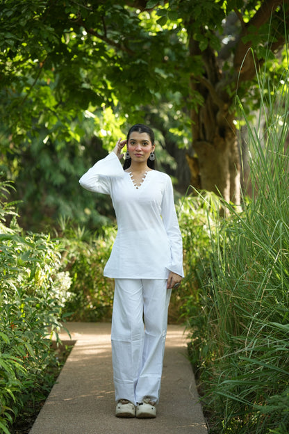White Solid V-Neck Kurti with Cotton Pants