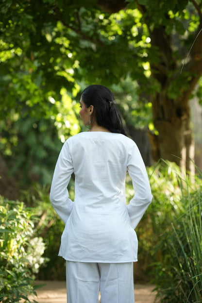White Solid V-Neck Kurti with Cotton Pants