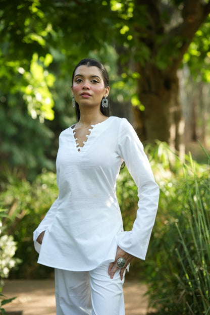 White Solid V-Neck Kurti with Cotton Pants
