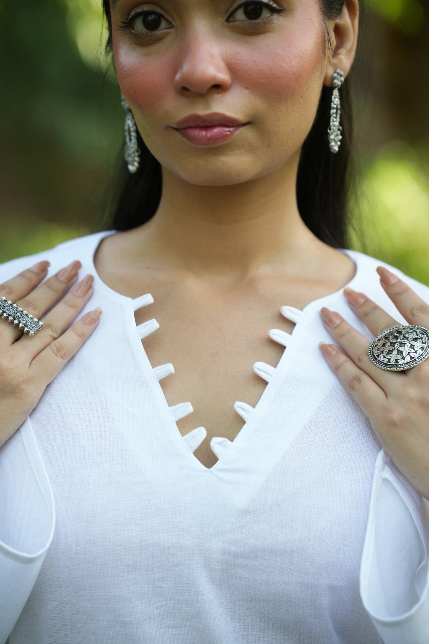White Solid V-Neck Kurti with Cotton Pants