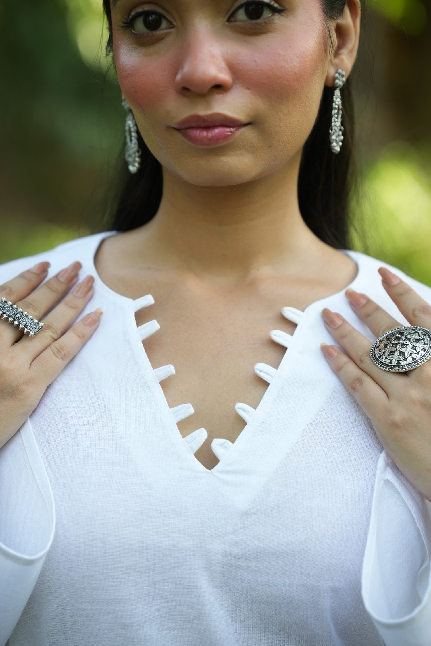White Solid V-Neck Kurti with Cotton Pants
