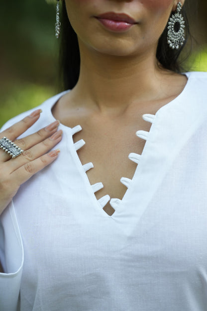 White Solid V-Neck Kurti with Cotton Pants