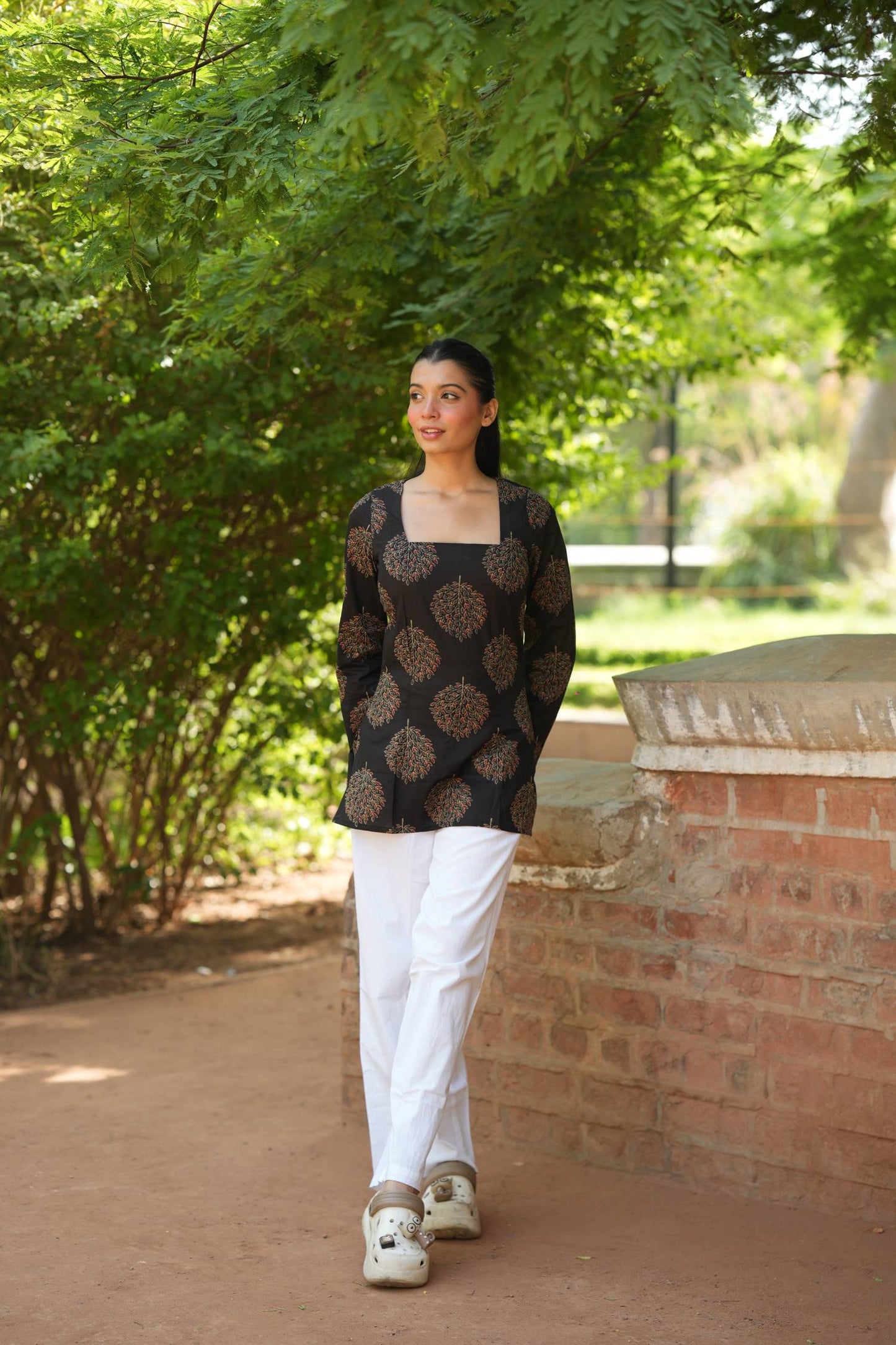 Black Tree Print Bell Sleeve Kurti