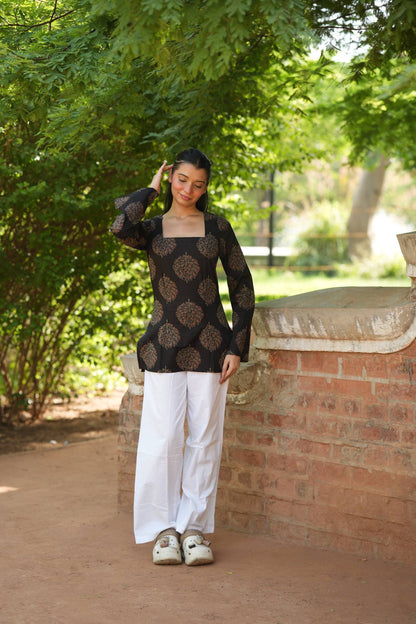 Black Tree Print Bell Sleeve Kurti