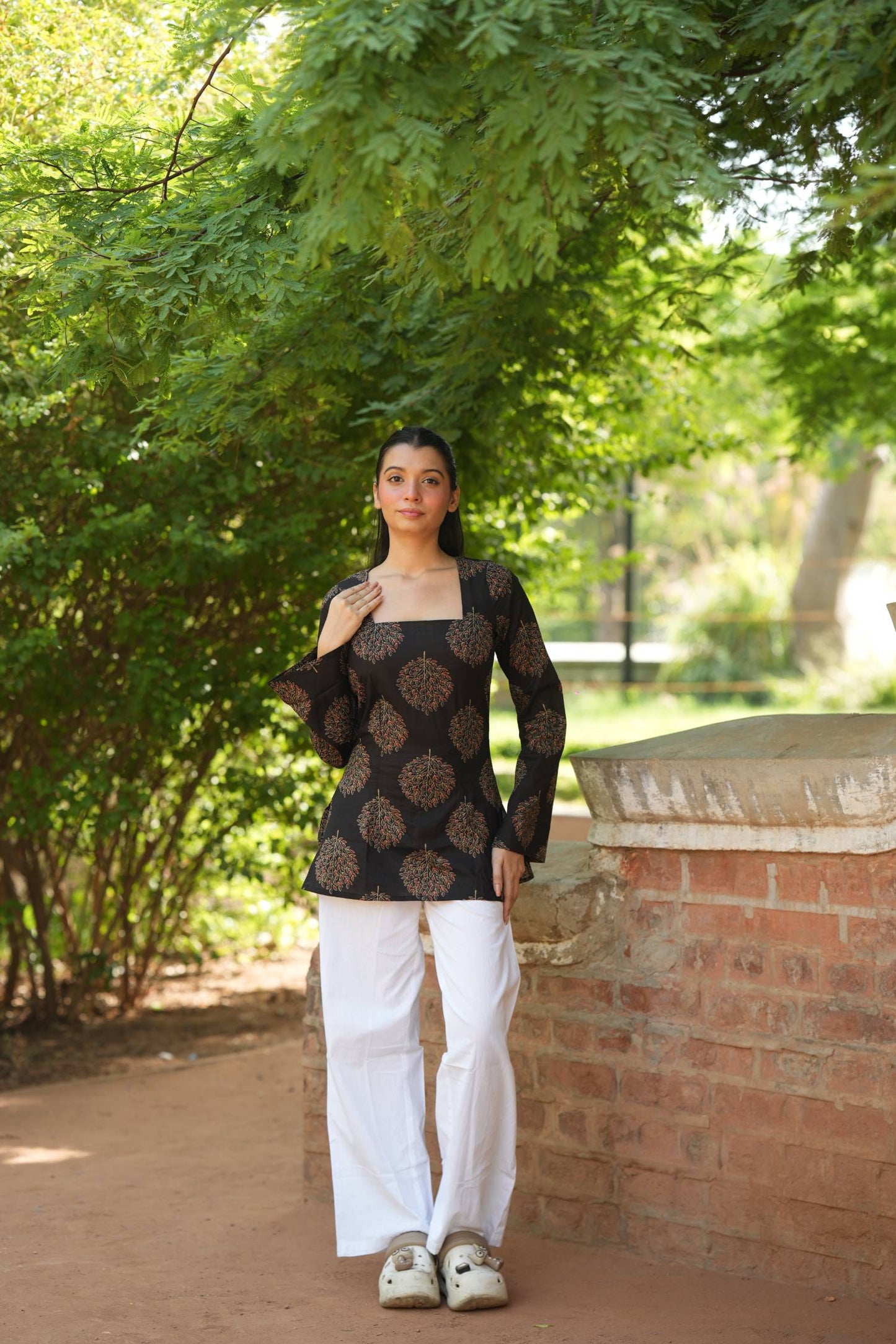 Black Tree Print Bell Sleeve Kurti