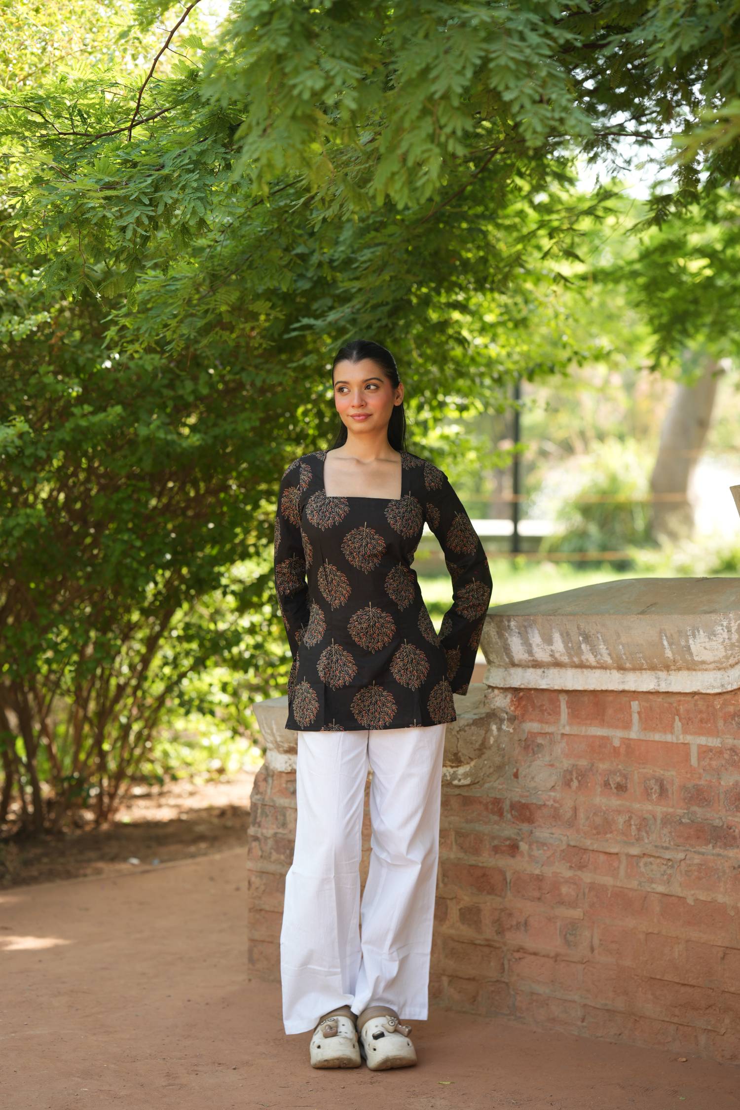 Black Tree Print Bell Sleeve Kurti