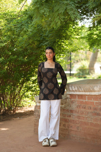Black Tree Print Bell Sleeve Kurti