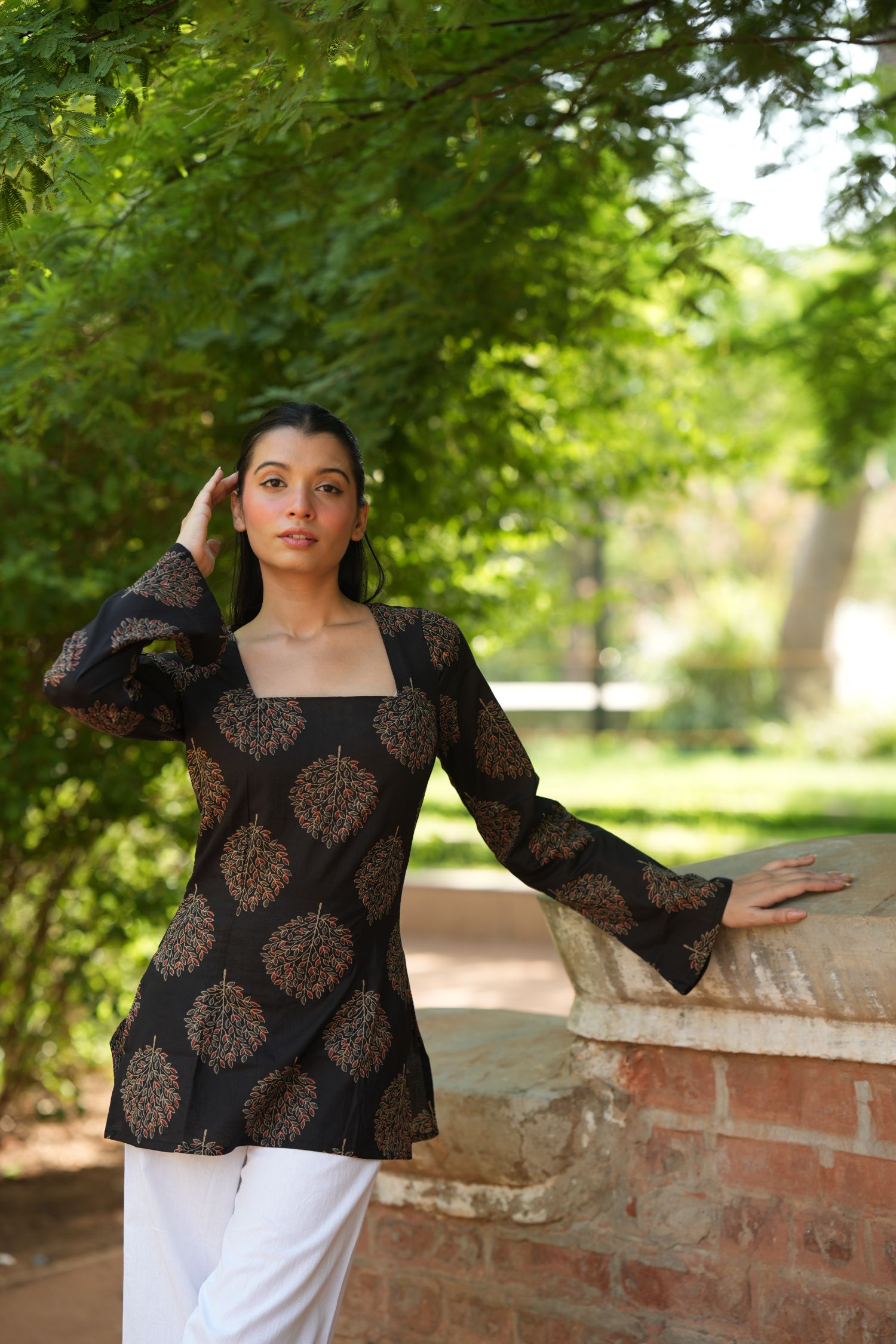 Black Tree Print Bell Sleeve Kurti