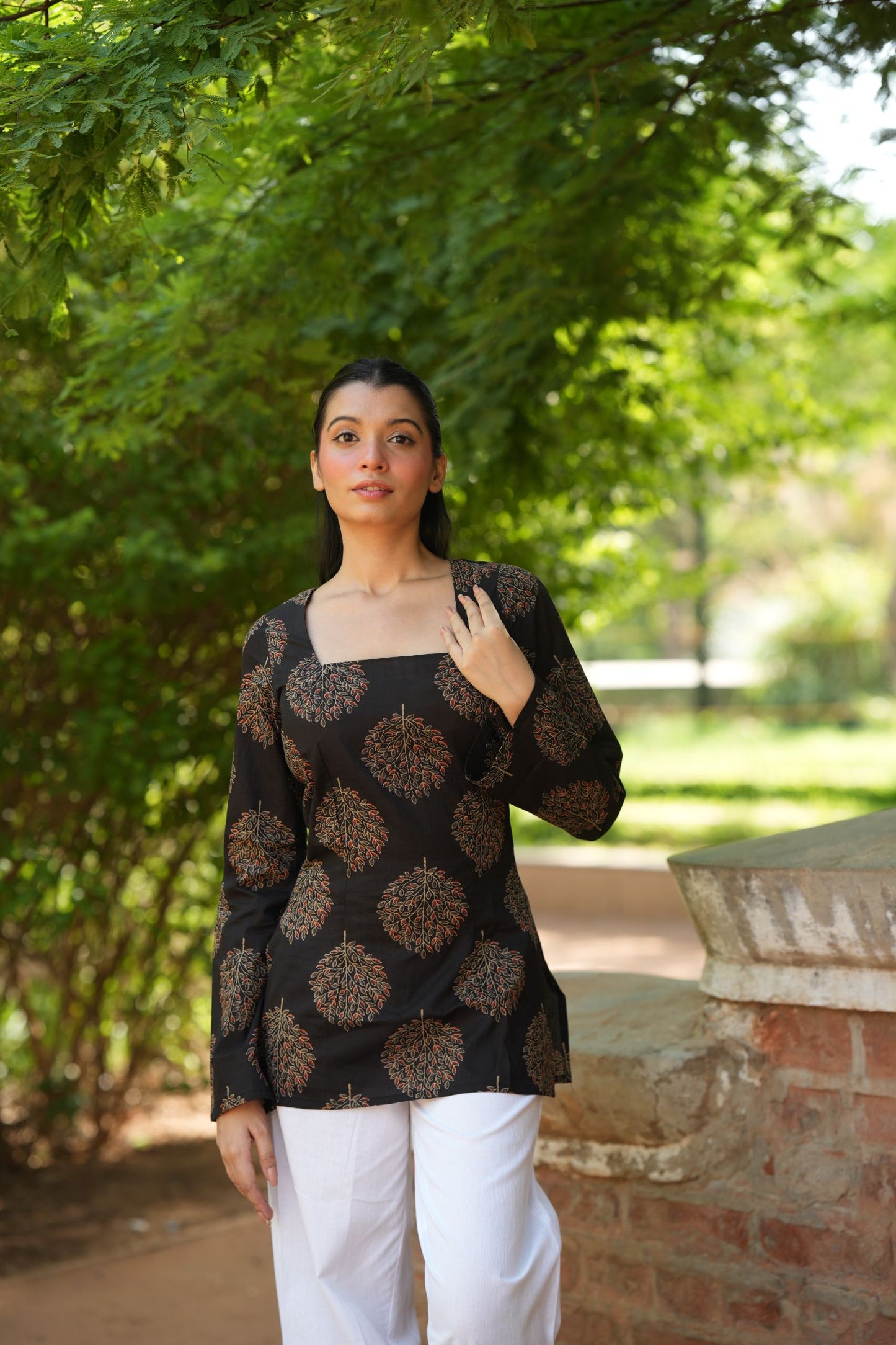 Black Tree Print Bell Sleeve Kurti