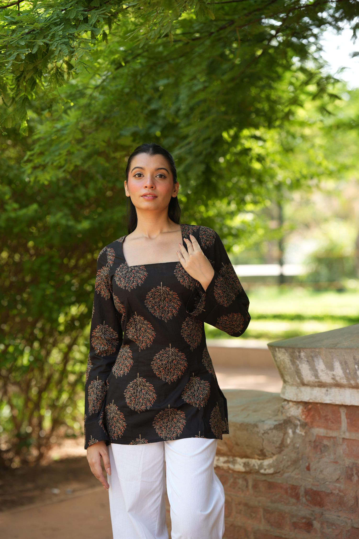 Black Tree Print Bell Sleeve Kurti