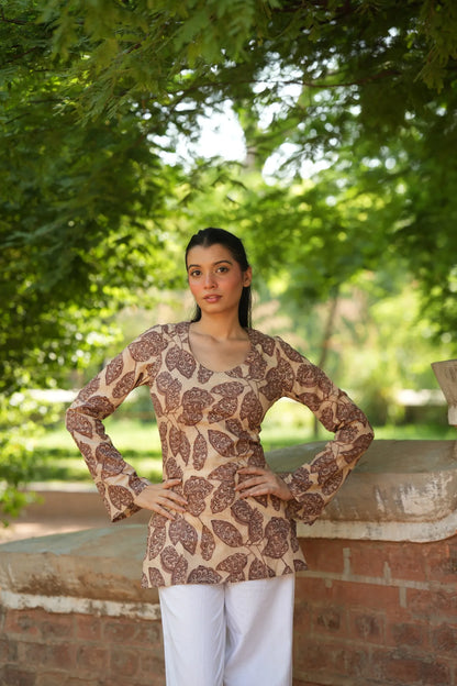 Beige Brown Leaf Print V-Neck Kurti