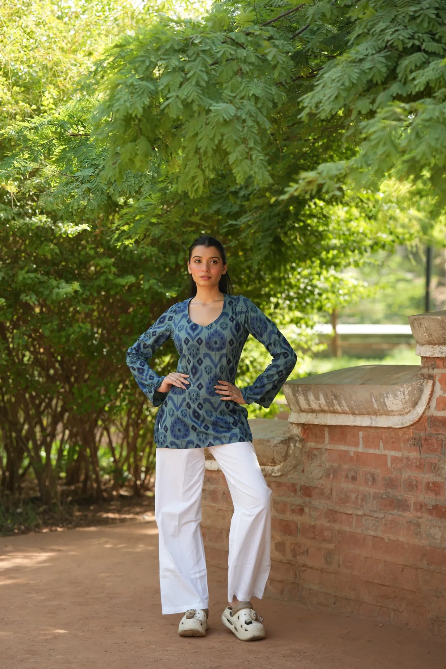 Indigo Blue Abstract Print Full Sleeve Kurti