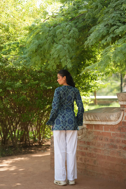 Indigo Blue Abstract Print Full Sleeve Kurti