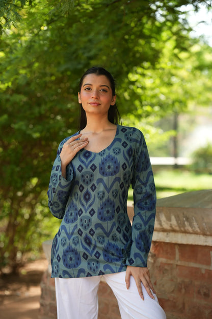 Indigo Blue Abstract Print Full Sleeve Kurti