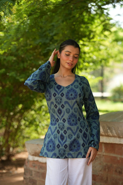Indigo Blue Abstract Print Full Sleeve Kurti