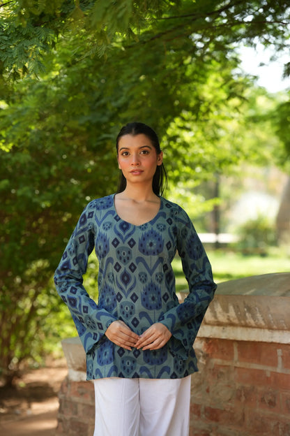 Indigo Blue Abstract Print Full Sleeve Kurti