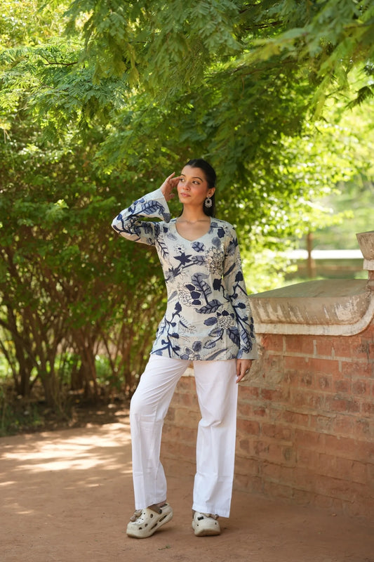 Powder Blue Floral Print Bell Sleeve Kurti