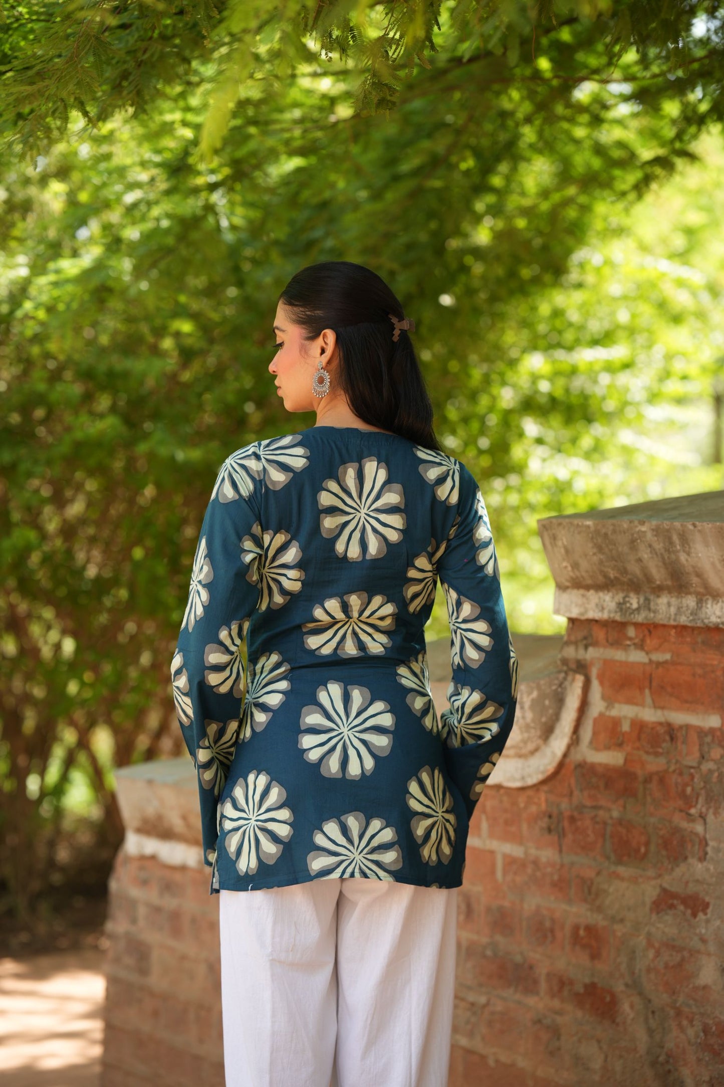 Teal Blue Floral Print Full Sleeve Kurti