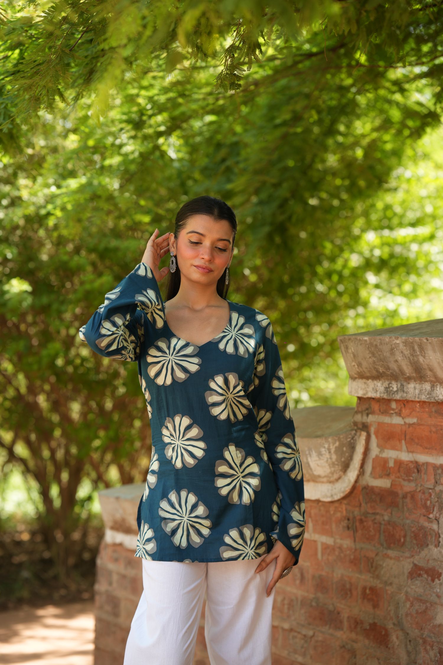 Teal Blue Floral Print Full Sleeve Kurti