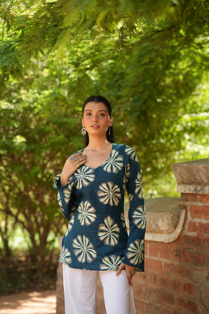 Teal Blue Floral Print Full Sleeve Kurti