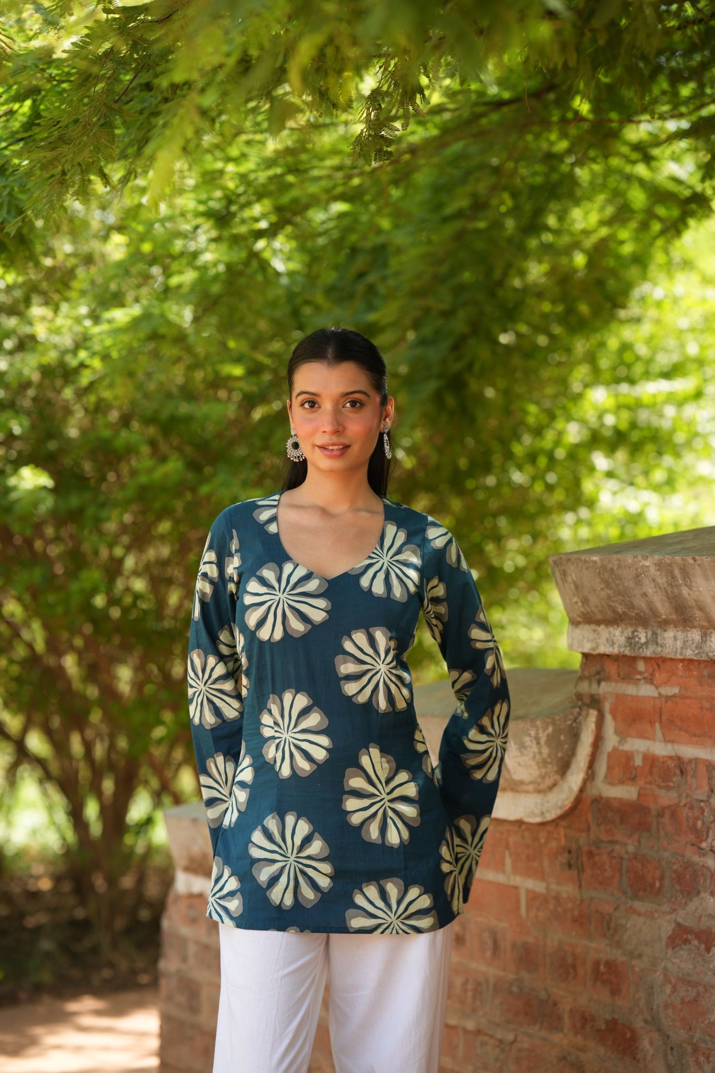 Teal Blue Floral Print Full Sleeve Kurti