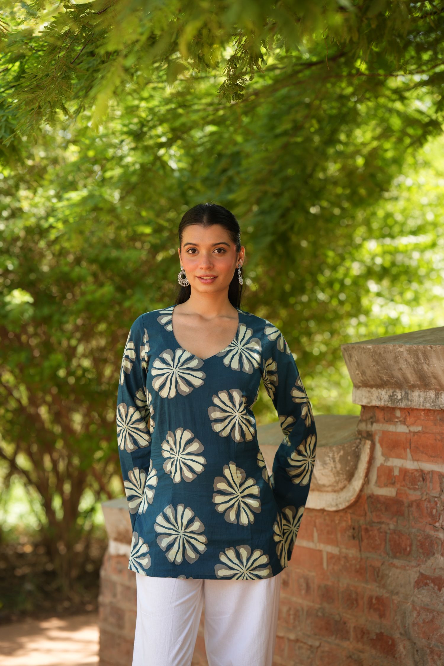 Teal Blue Floral Print Full Sleeve Kurti
