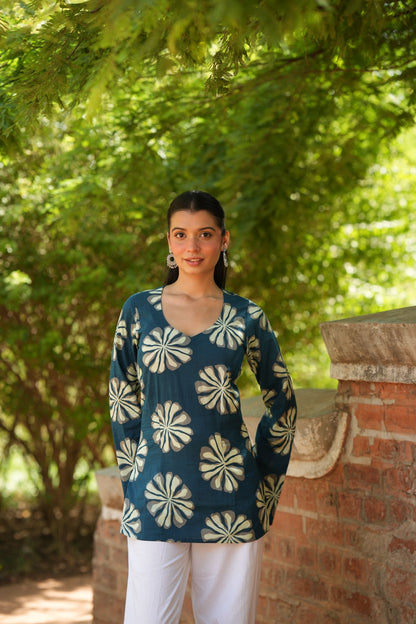 Teal Blue Floral Print Full Sleeve Kurti