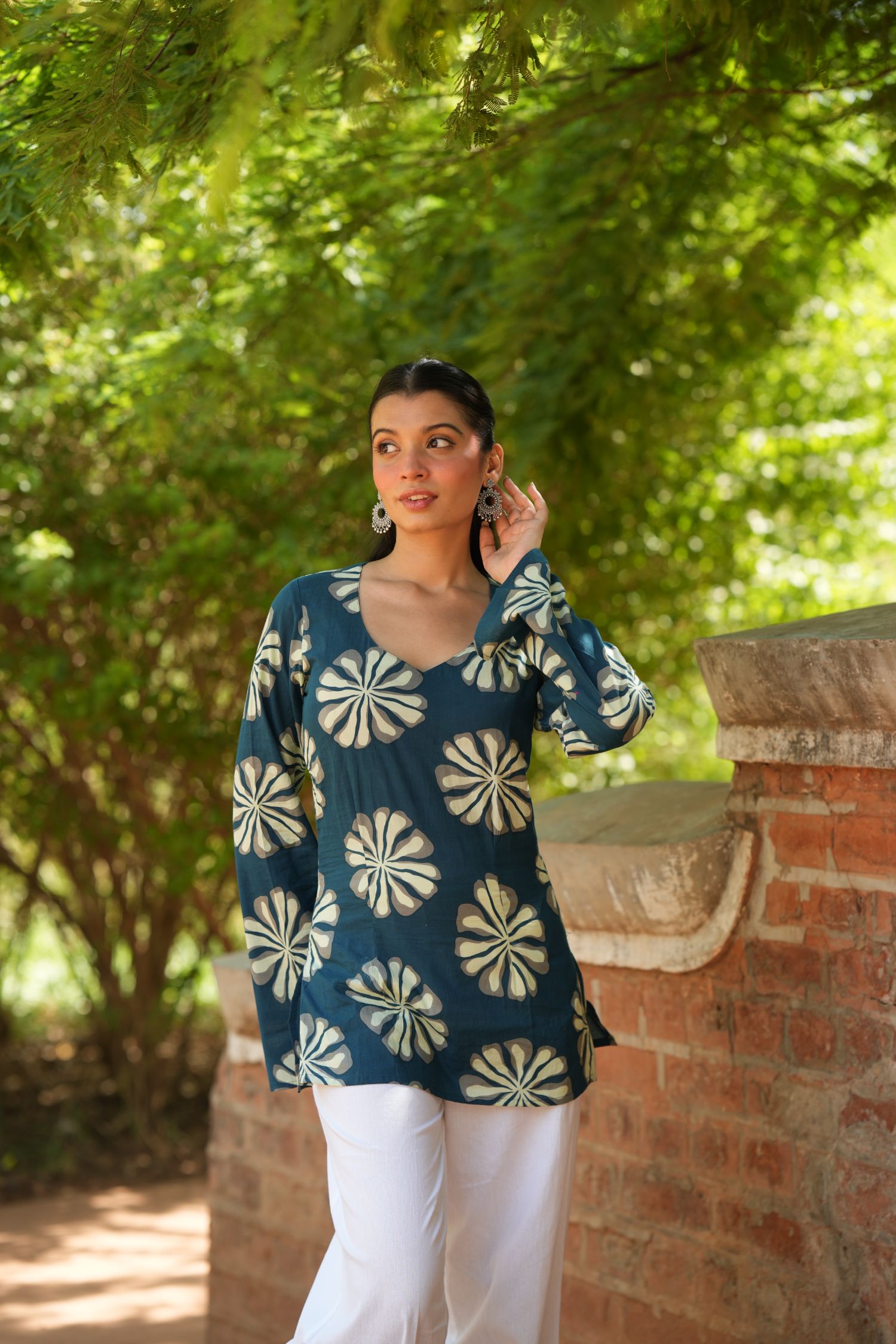 Teal Blue Floral Print Full Sleeve Kurti
